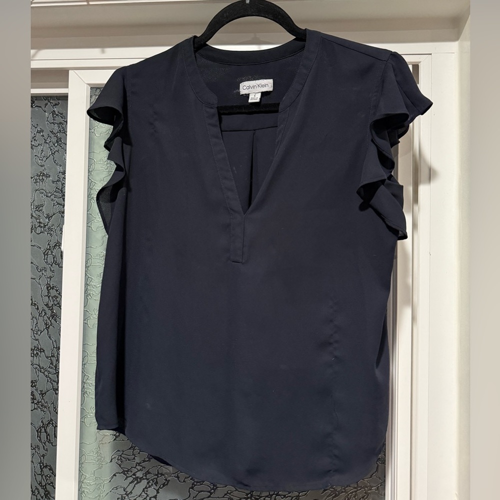 Calvin Klein Women's Black Ruffle Sleeve Blouse